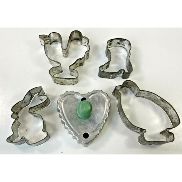 5 Antique Cookie Cutters Turkey Bird Bunny Rabbit Cowboy Boot Metal Tin Vtg Lot - Picture 2 of 6